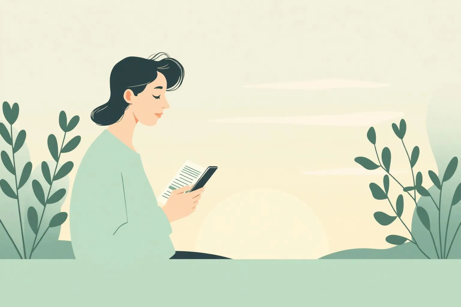 A person calmly reading the news on their phone at sunrise